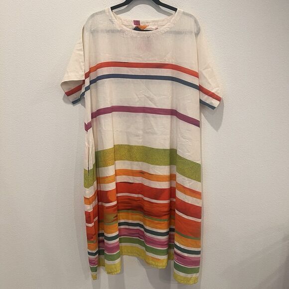 YUVITA Women’s Sz M Linen Dress Flared Lagenlook Boho Coastal Artsy Abstract - Picture 2 of 10